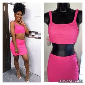 Neon Pink Crop-Top Mini Skirt Set.